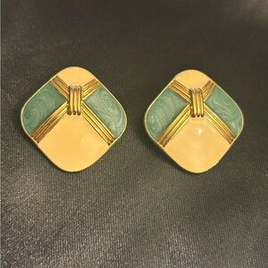 Vintage RARE Trifari SIGNED Enamel Clip On Earrings Cream, Green & Gold